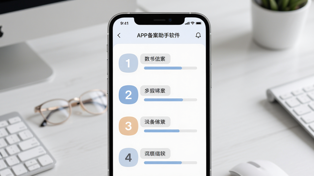 主体是APP备案助手软件中备案流程步骤指引页面,布局为手机屏幕竖向展示步骤列表,背景为浅灰色办公桌面,排版上步骤序号明显、文字说明分段清晰,风格为扁平化信息图表风,细节包括步骤图标、进度条元素、配色柔和,画质高清,干净无多余元素