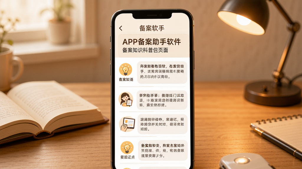 主体是APP备案助手软件中备案知识科普页面,布局为手机屏幕展示图文混排的文章列表,背景为暖色调书桌场景,排版上标题突出、正文分段、有配图小图标,风格为温和知识分享风,细节包括书本元素、灯泡图标、文字清晰,画质高清,干净无多余元素