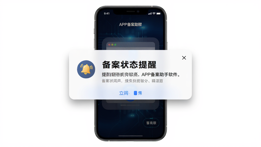 主体是APP备案助手软件中备案状态提醒弹窗界面,布局为手机屏幕居中显示提醒卡片,背景为深色渐变科技背景,排版上状态文字醒目、有铃铛图标,风格为现代通知卡片风,细节包括卡片圆角、阴影效果、配色对比清晰,画质高清,干净无多余元素