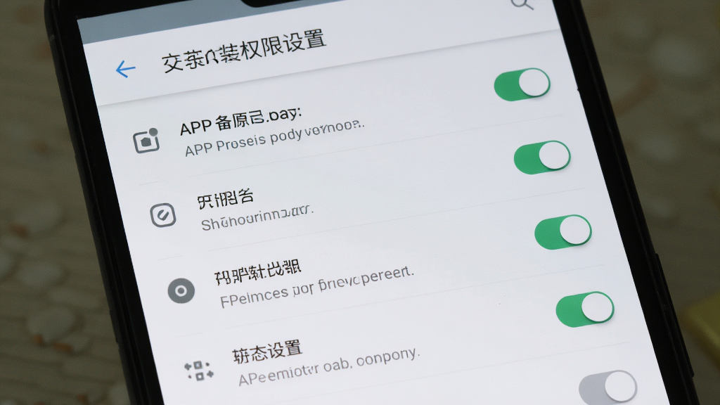 主体是APP备案助手软件在安卓手机上的安装权限设置界面,布局为手机屏幕展示权限开关列表,背景为浅色系统设置页面,排版上权限项排列整齐、开关按钮清晰,风格为系统原生设置风,细节包括提示文字、图标、高亮开关,画质高清,干净无多余元素