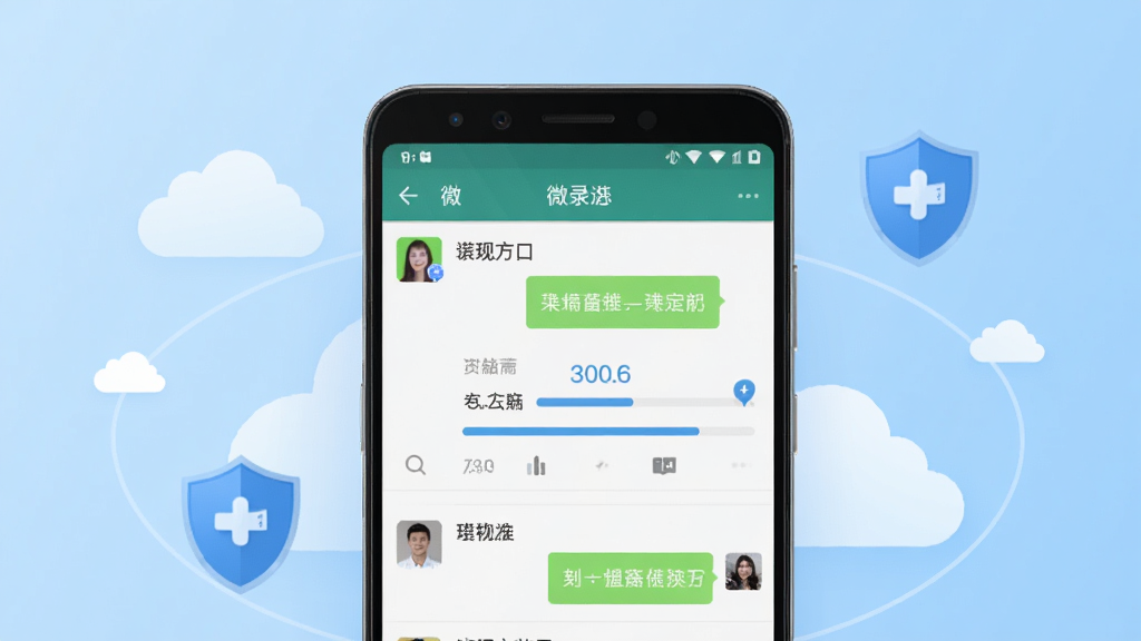微记录云存手机备份软件主界面展示,画面中央是一部安卓手机,手机屏幕上显示着微信聊天记录列表和云端备份进度条,背景为浅蓝色渐变,周围环绕着云朵和盾牌图标象征安全存储,布局采用居中构图,风格为扁平化科技风,细节包含手机、云朵、盾牌、进度条、聊天气泡等元素,画质清晰干净,无多余元素