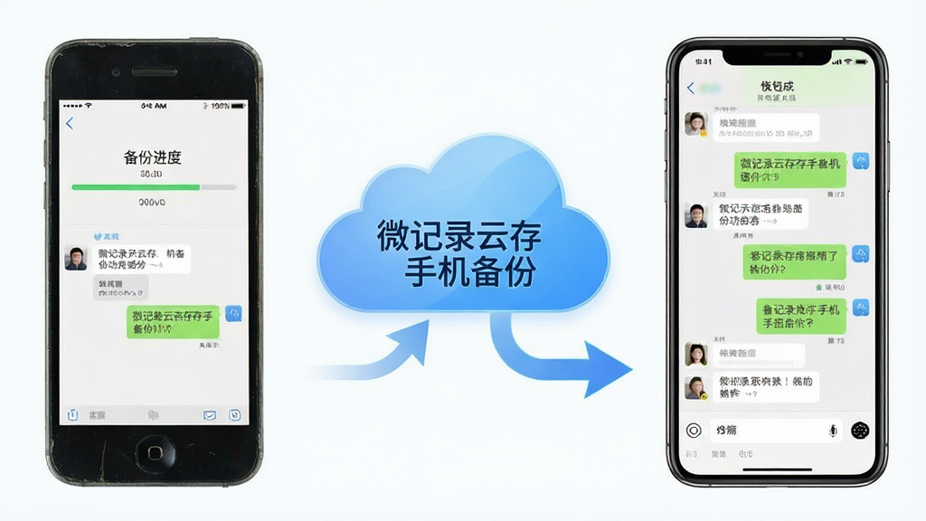 微记录云存手机备份功能展示图,画面左侧是一部旧手机,右侧是一部新手机,中间用云朵和箭头连接,云朵上标注“微记录云存手机备份”字样,旧手机屏幕显示备份进度,新手机屏幕显示恢复完成的聊天记录,布局为左右对称,风格为简洁科技风,细节包含手机、云朵、箭头、文字标签、聊天气泡,画质清晰干净,无多余元素