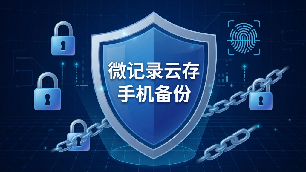 微记录云存手机备份安全加密功能示意图,画面中央是一个巨大的盾牌,盾牌上写着“微记录云存手机备份”,盾牌周围环绕着锁头、指纹识别、加密锁链等图标,背景为深蓝色科技感网格,布局为居中构图,风格为安全防护主题,细节包含盾牌、锁头、指纹、锁链、网格、文字,画质清晰干净,无多余元素
