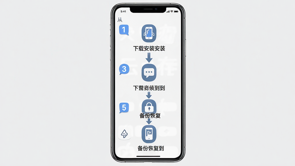 微记录云存手机备份新手操作流程图,画面以手机屏幕为主体,屏幕上显示从下载安装到备份恢复的完整步骤,每一步用数字标号和箭头连接,背景为浅灰色,布局为纵向流程式,风格为教程图解风,细节包含手机、步骤图标、箭头、数字标号、文字说明,画质清晰干净,无多余元素