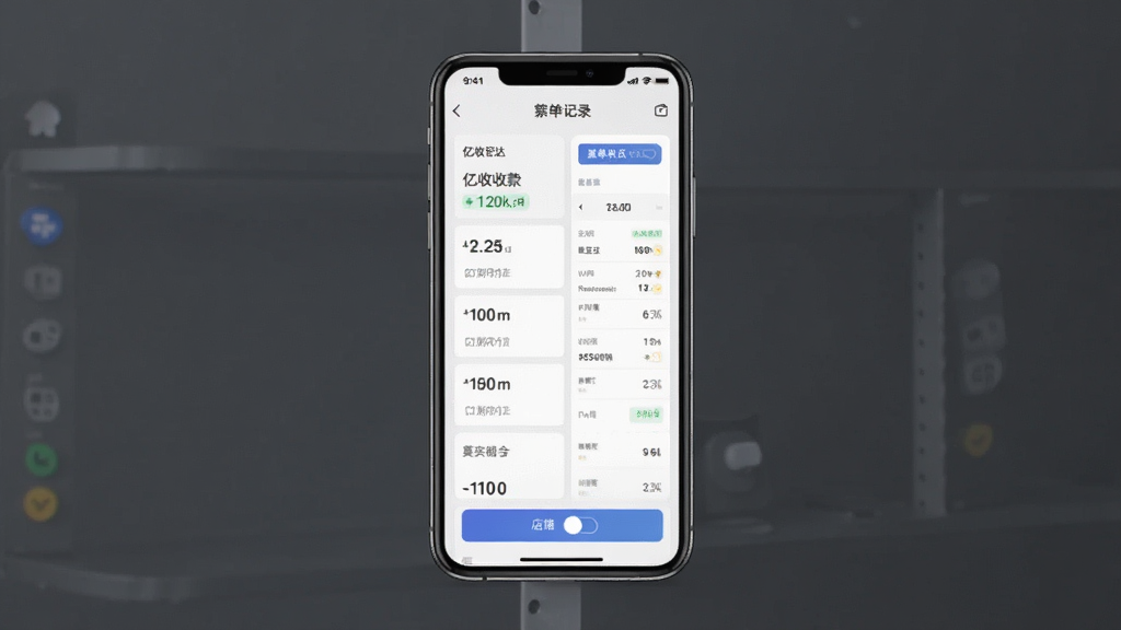亿收达软件主界面展示图,画面中央是手机屏幕,屏幕上显示亿收达收款记录列表与账单汇总面板,布局为竖版手机界面,排版清晰有序,风格为现代简约商务风,细节包括收款金额数字、日期标签、店铺切换按钮,画质高清,干净,无多余元素