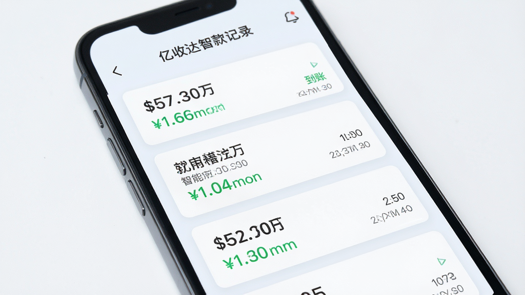 亿收达智能收款记录功能展示图,画面主体为手机屏幕特写,屏幕上显示收款记录列表,布局为上下排列的卡片式条目,排版整齐,风格为清新浅色商务风,细节包括金额数字、绿色到账标识、时间戳,画质高清,干净,无多余元素