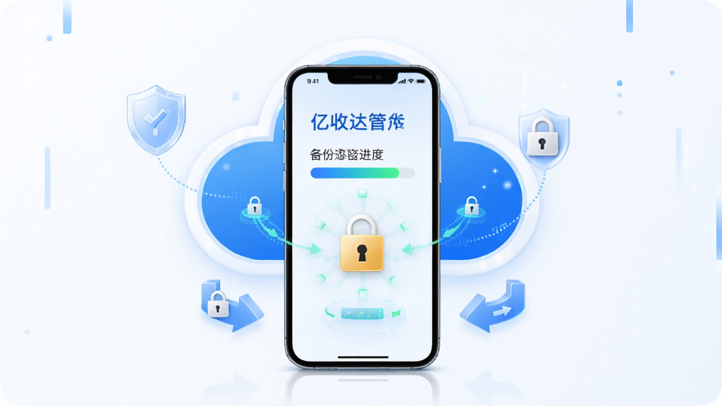 亿收达数据安全备份功能展示图,画面中央为手机屏幕与云朵图标组合,屏幕上显示备份进度与加密标识,布局为居中对称,排版简洁,风格为科技安全风,细节包括盾牌图标、锁形标识、数据同步箭头,画质高清,干净,无多余元素
