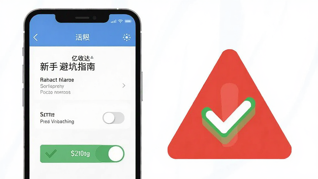 亿收达新手避坑指南示意图,画面主体为手机屏幕与警示图标组合,屏幕上显示权限设置界面,布局为上下结构,排版清晰,风格为扁平化提示风,细节包括红色警示三角、绿色对勾标识、设置开关按钮,画质高清,干净,无多余元素