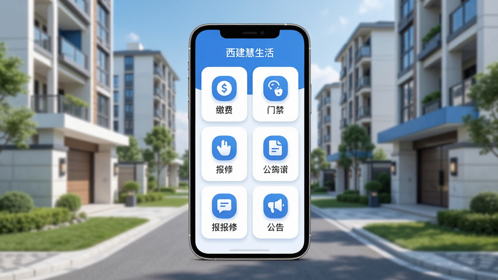 西建慧生活手机应用主界面展示,画面中央放置一部智能手机,屏幕显示社区服务功能卡片布局,包含缴费、门禁、报修、公告等图标,背景为现代住宅小区全景,整体采用蓝白配色,风格清新简洁,细节包括圆角图标和柔和阴影,画质高清,干净无多余元素
