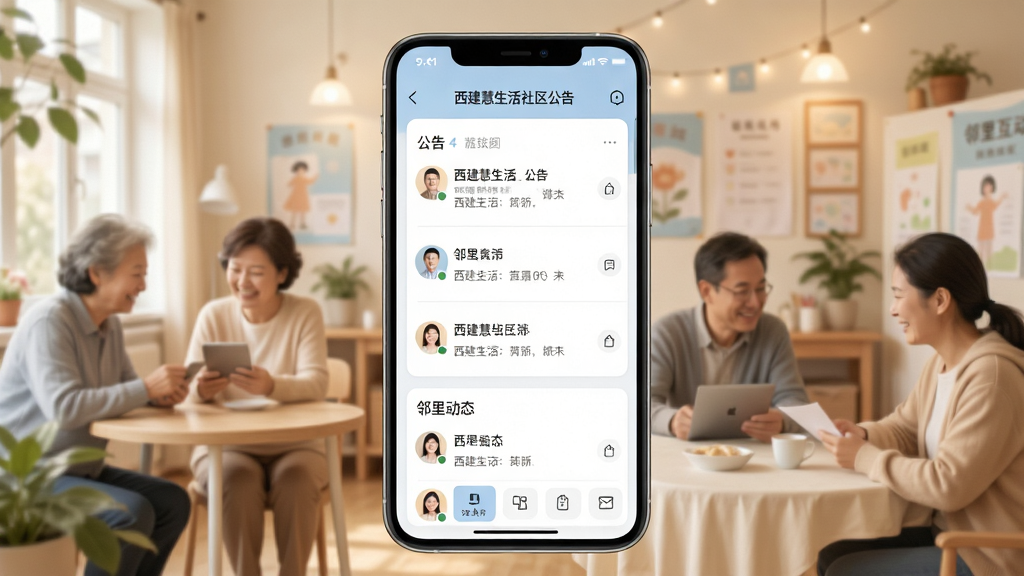 西建慧生活社区公告与邻里互动界面,画面展示手机屏幕显示公告列表和邻里动态,背景为温馨的社区活动场景,风格柔和温暖,色调以浅蓝和米白为主,细节包括清晰的文字排版和用户头像,画质高清,干净无多余元素