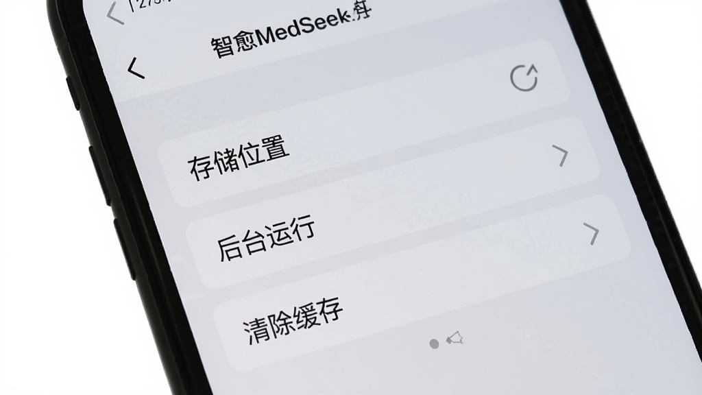 一张手机屏幕截图风格的图片,画面显示智愈MedSeek应用的设置界面,界面上有“存储位置”“后台运行”“清除缓存”等选项按钮,背景为浅灰色,界面简洁现代,画质清晰,无多余装饰