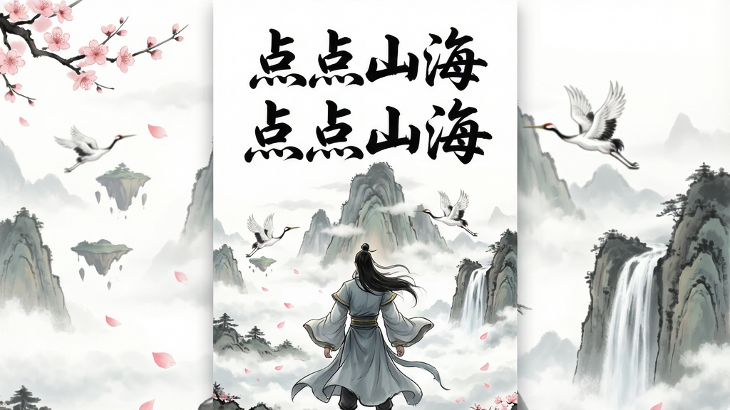 一幅以国风神话为背景的休闲修仙手游海报,主体为一位身着飘逸古装的修行者背影,面向远处云雾缭绕的仙山与悬浮岛屿,画面中央用飘逸的毛笔字体写着“点点山海”。布局采用竖版构图,上方为标题文字,下方为角色与山景。排版疏朗大气,留白充分。风格为淡雅水墨与轻量厚涂结合,细节包括飘落的桃花瓣、飞行中的仙鹤、山间流淌的瀑布。画质高清,画面干净,无多余元素。