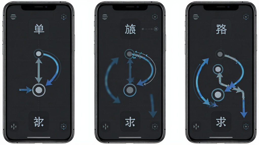 一张展示闪指连点器精灵多模式点击功能的示意图,画面分为三个并排的手机屏幕,分别演示单点连击、多点循环、路径点击三种模式,每个屏幕上有对应的点击标记与轨迹线,风格为简洁信息图,细节包括模式图标、箭头指示,画质高清干净,无多余元素
