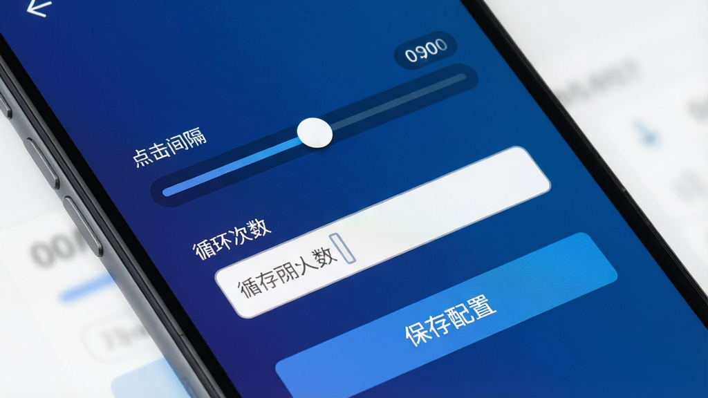 一张展示闪指连点器精灵参数设置界面的图片,画面为手机屏幕特写,显示点击间隔滑块、循环次数输入框、保存配置按钮等控件,背景为深蓝色渐变,风格为现代扁平化UI,细节包括数值标签、滑块轨道,画质清晰干净,无多余元素