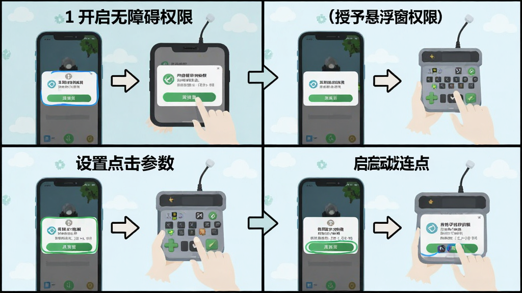 一张展示闪指连点器精灵新手设置流程的示意图,画面为四格漫画风格,分别展示开启无障碍权限、授予悬浮窗权限、设置点击参数、启动连点四个步骤,每格配有手机界面缩略图与箭头指引,风格为清新扁平化插画,细节包括权限弹窗、按钮高亮,画质清晰干净,无多余元素
