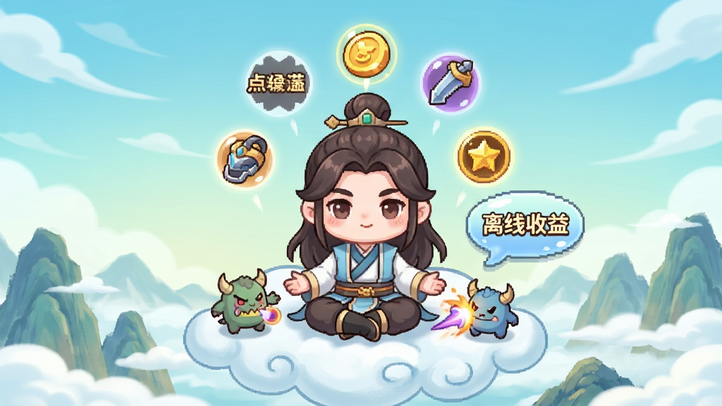 一幅展示“点点山海”放置挂机玩法的宣传图。画面主体为一位Q版修仙者盘腿坐在云端,头顶悬浮着经验值、金币、装备等资源图标,缓缓落入角色身上。布局为居中构图,角色下方是绵延的山脉与云海。排版简洁,风格为可爱Q版国风,细节包括角色身边的自动战斗小怪兽、飘浮的“离线收益”文字气泡。画质明亮,画面干净,无多余元素。
