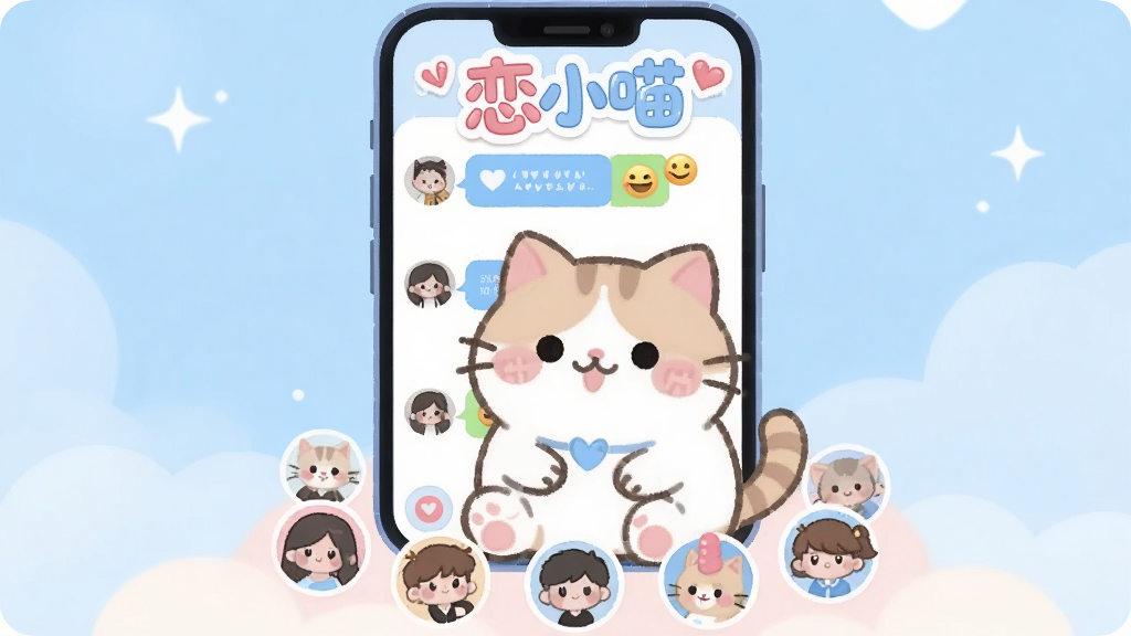 整体画面以柔和的粉蓝色调为主,主体是一个圆润可爱的猫咪形象坐在手机屏幕前,手机屏幕上显示着聊天对话框和好友头像列表,布局采用居中构图,上方是软件名称艺术字“恋小喵”,下方是多个卡通风格的用户小头像环绕,风格为清新扁平化插画,细节上猫咪表情亲切友好,对话框中有爱心和表情符号装饰,画质高清干净,无多余杂乱元素,整体氛围温馨轻松。