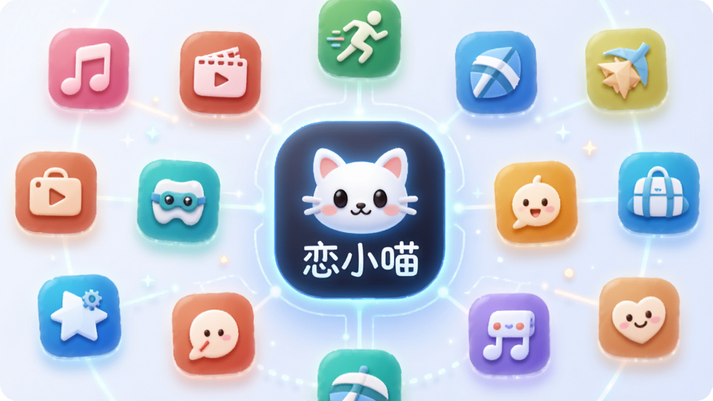 画面中心是一个发光的智能匹配图标,周围环绕着代表不同兴趣的图标如音乐、电影、运动、旅行等,布局呈放射状排列,风格为科技感与可爱风结合,细节上图标采用圆角设计并带有柔和光晕,背景为浅色渐变,画质高清干净,无多余元素,画面中央有“恋小喵”字样。