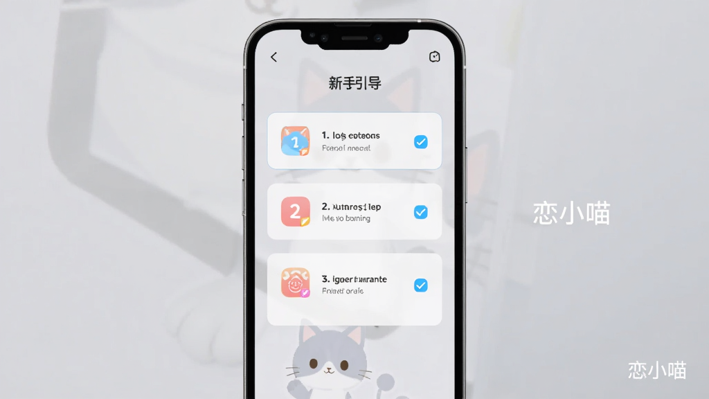 画面展示一部智能手机屏幕,屏幕上显示恋小喵应用的新手引导页面,布局为手机正面特写居中,风格为现代简约数码风格,细节上屏幕中有清晰的步骤提示图标和勾选框,背景为浅灰色渐变,画质高清干净,手机旁边有“恋小喵”小字标识,无多余杂物。