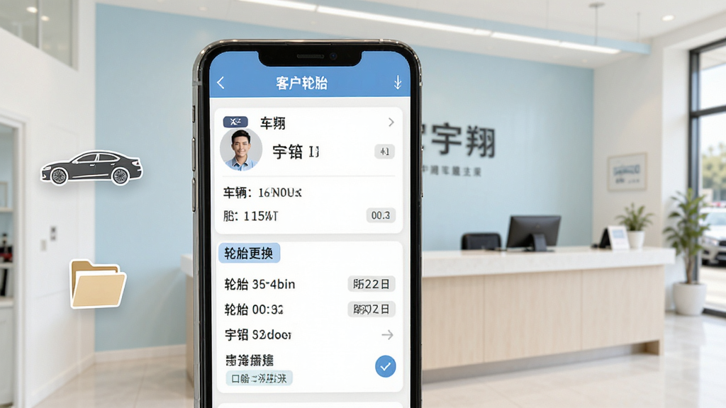 宇翔轮胎客户档案界面,手机屏幕显示车辆信息和轮胎更换记录,旁边有汽车轮廓和文件夹图标,背景为汽车服务门店接待区,风格清新浅色,细节包含客户头像和日期标签,画质清晰,干净,无多余元素
