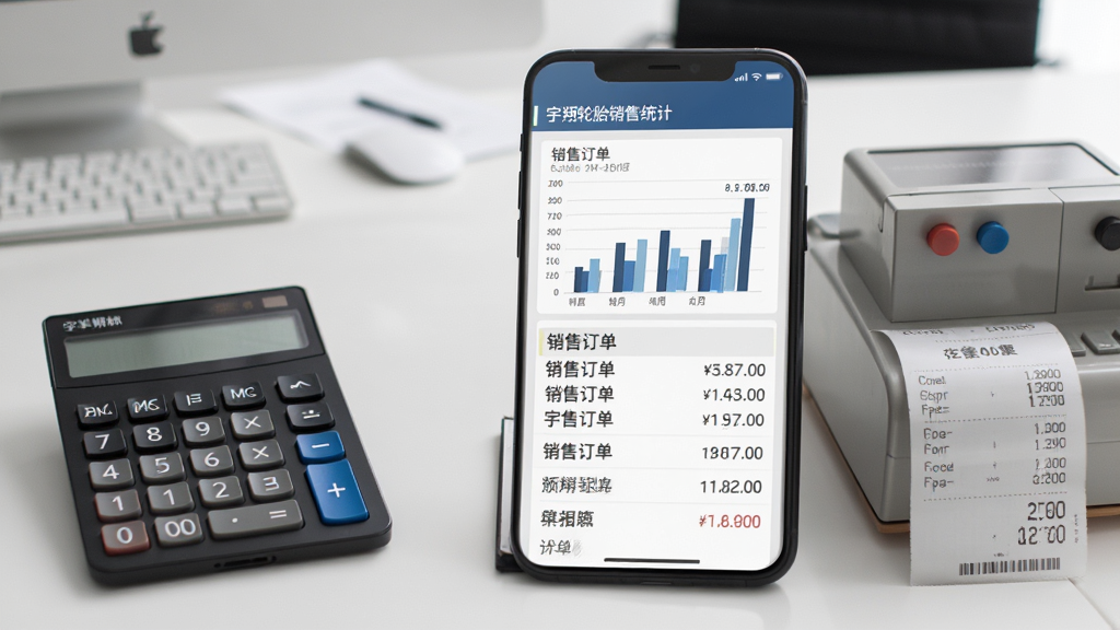 宇翔轮胎销售统计界面,手机屏幕展示柱状图和销售订单列表,旁边有计算器和收银小票,背景为办公室桌面,风格简约商务,细节包含数字和图表元素,画质清晰,干净,无多余元素