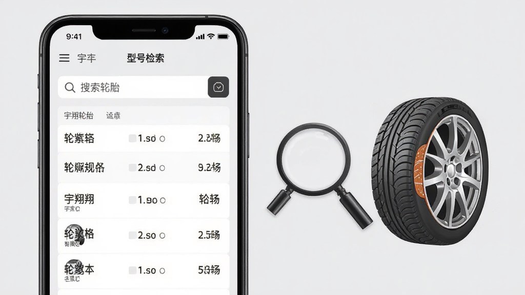 宇翔轮胎型号检索界面,手机屏幕显示搜索框和轮胎规格列表,旁边有放大镜和轮胎剖面图,背景为浅灰色,风格素雅极简,细节包含文字标签和轮胎图案,画质清晰,干净,无多余元素