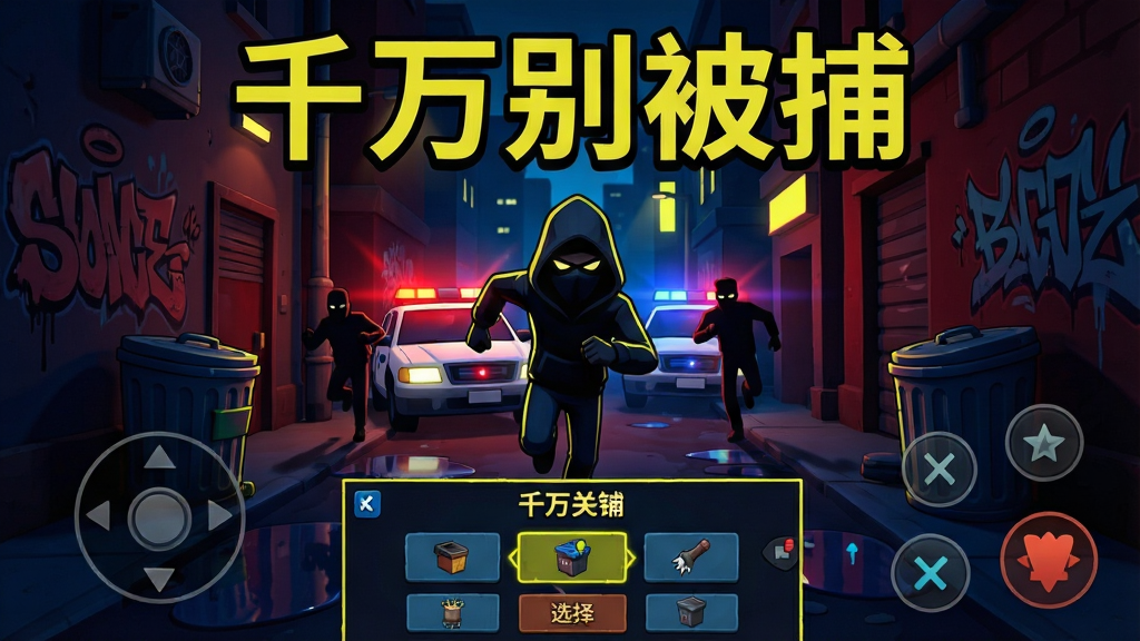 一张以暗夜城市为背景的手机游戏宣传图,画面中央是一名戴着兜帽的神秘人物在巷弄中奔跑,身后有闪烁的警灯和追捕者的剪影,画面顶部用醒目字体写着“千万别被捕”,底部展示游戏关卡选择界面和虚拟按键操作区域,整体风格为暗黑卡通渲染,色彩以深蓝、暗红和霓虹黄为主,细节包括墙上的涂鸦、路边的垃圾桶和积水倒影,画质高清,画面干净,无多余元素