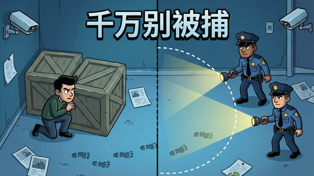 一幅展示千万别被捕游戏核心玩法的场景图,画面分为左右两部分,左侧是玩家角色蹲在箱子后面屏住呼吸,右侧是两名警察拿着手电筒四处照射,中间用虚线标出警察的视野扇形区域,画面顶部用艺术字体标注“千万别被捕”,整体采用俯视视角的2D卡通风格,色调偏冷,突出紧张氛围,细节包括地面上的脚印、墙角的监控摄像头和散落的线索纸张,画质清晰,构图干净,无多余元素