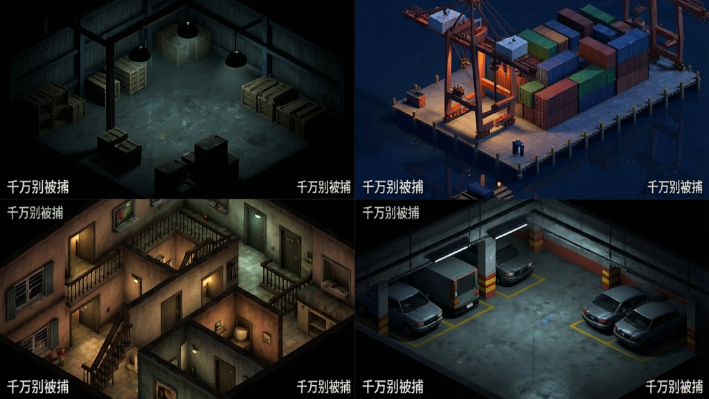 千万别被捕游戏关卡场景合集展示图,画面采用网格布局展示四个不同场景,左上角是昏暗的仓库内部,右上角是夜晚的码头集装箱区,左下角是复杂的居民楼走廊,右下角是地下停车场,每个场景角落都标有“千万别被捕”的小字水印,整体风格统一为2.5D等距视角,色彩根据场景氛围变化,细节丰富,画质高清,画面干净,无多余元素