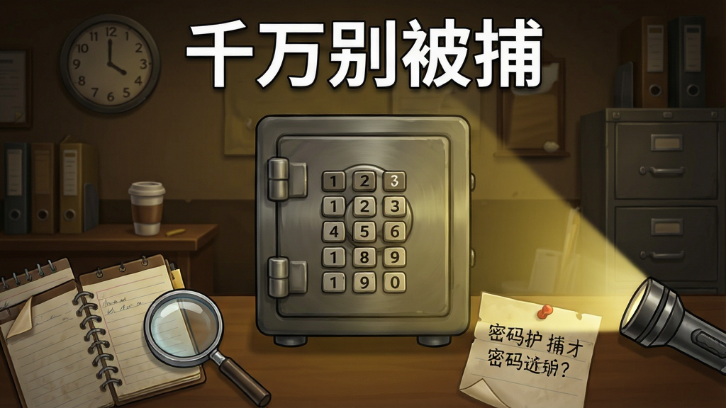 千万别被捕游戏谜题解谜界面截图,画面中央是一个带有数字键盘的保险箱,周围散落着记事本、放大镜和一张写着密码提示的纸条,背景是昏暗的办公室,画面右侧有一个手电筒图标正在照亮线索区域,顶部用白色字体标注“千万别被捕”,整体采用写实卡通风格,色调以棕色和暗黄色为主,细节包括墙上的挂钟、桌上的咖啡杯和文件柜,画质高清,画面干净,无多余元素