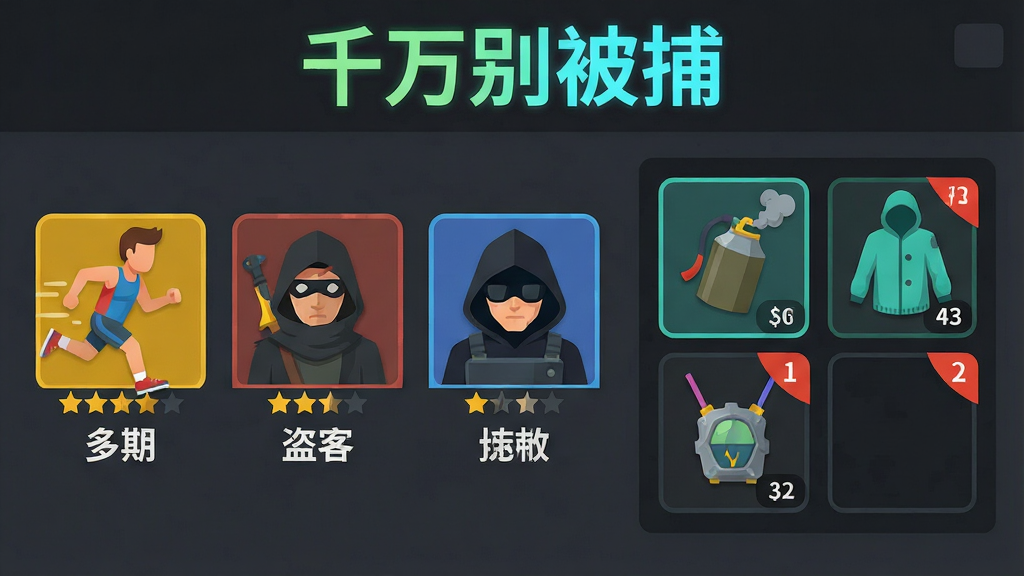 千万别被捕角色选择与道具界面展示图,画面左侧排列着三个角色头像,分别是跑者、盗贼和黑客,每个头像下方标注技能名称,画面右侧是道具栏,展示烟雾弹、隐身衣和干扰器三个图标,背景是深灰色的游戏UI界面,顶部用亮色字体写着“千万别被捕”,整体风格为扁平化设计,色彩鲜明,布局清晰,细节包括角色旁边的星级评定和道具数量角标,画质干净,无多余元素
