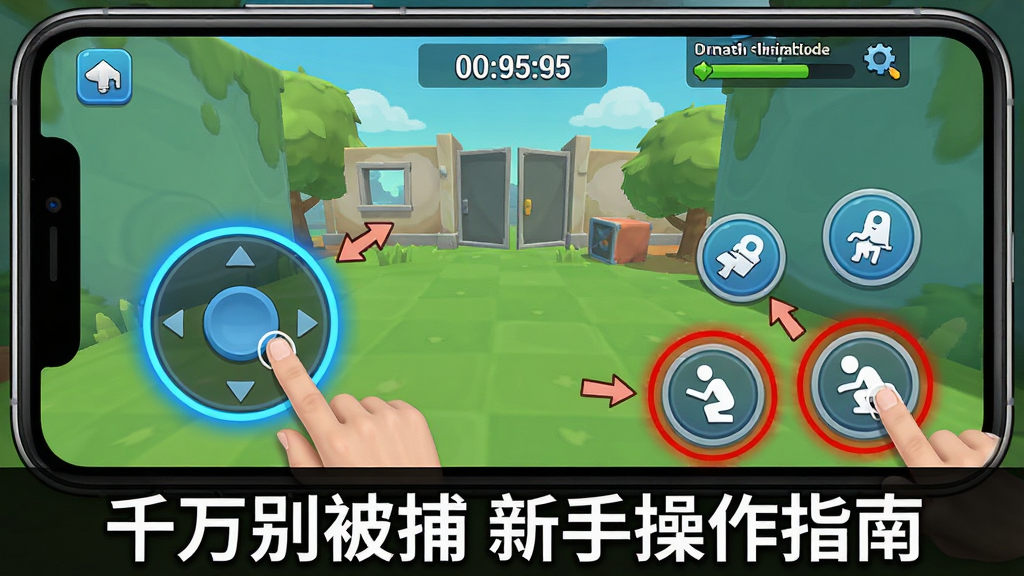 千万别被捕游戏新手操作指引图,画面以手机屏幕为边框,屏幕内展示游戏主界面,左侧虚拟摇杆用蓝色光圈标注,右侧互动按钮和蹲伏按钮用红色光圈标注,屏幕上方显示倒计时和线索收集进度,画面底部用文字标注“千万别被捕 新手操作指南”,整体风格为清新的教学图示,色彩明亮,布局清晰,细节包括手指点击按钮的示意图标和箭头指示,画质干净,无多余元素