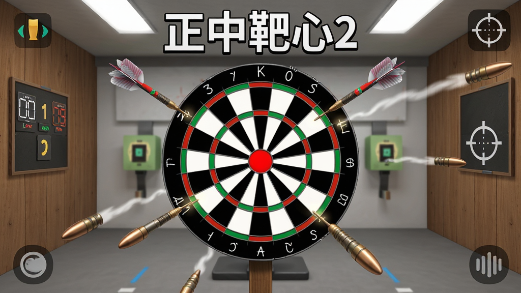 一款名为正中靶心2的手机游戏主界面展示,画面中央是一个圆形靶盘,靶心为红色,周围环绕着飞镖和子弹轨迹,背景是简洁的室内射击场风格,主体突出游戏名称正中靶心2,布局居中对称,排版清晰,风格写实休闲,细节包括木质墙面、计分板和瞄准镜图标,画质高清,干净,无多余元素
