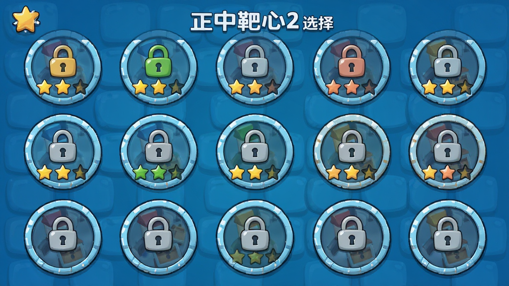 正中靶心2关卡选择界面,主体是多个圆形关卡图标排列成网格状,布局整齐,排版清晰,风格卡通休闲,细节包括不同颜色的星级评价和锁定的关卡图标,画质高清,干净,无多余元素