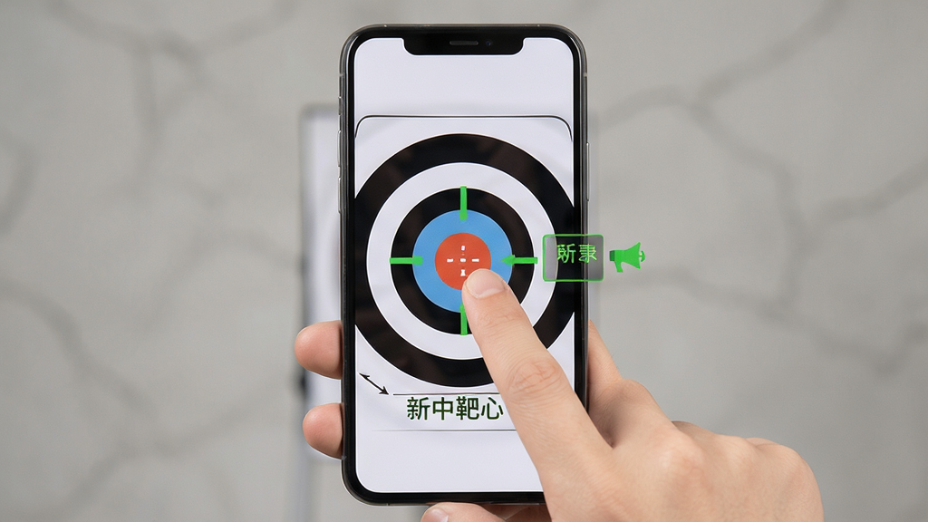 正中靶心2新手操作示意图,主体是一只手拿着手机正在点击靶心,布局在画面中央,排版简洁,风格写实教学,细节包括屏幕上的瞄准线和命中提示,画质高清,干净,无多余元素