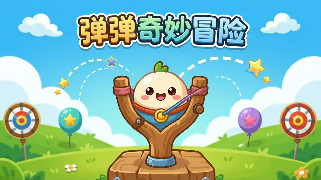 画面中央是一个圆润可爱的卡通弹射角色站在弹弓发射台上,周围是起伏的绿色草地与彩色气球靶子,背景是明亮蓝天和白云,整体风格清新卡通,布局居中对称,画面上方有