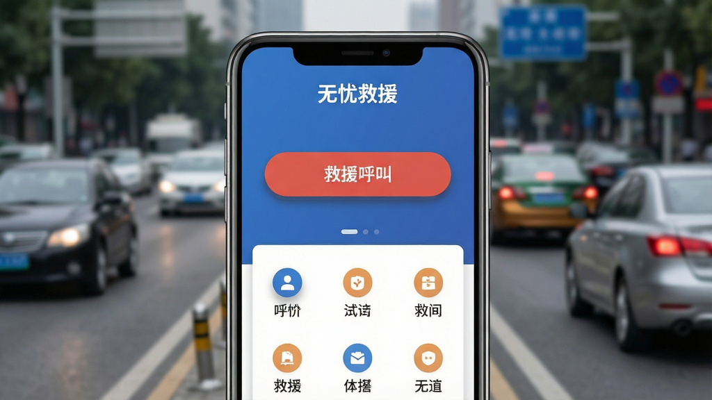一张手机屏幕展示无忧救援应用主界面的场景图,画面中央是手机竖屏,屏幕内显示无忧救援APP首页,顶部有
