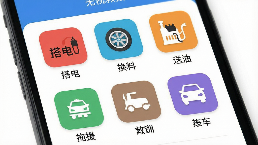 一张展示无忧救援快速呼叫功能界面的图片,画面主体为手机屏幕特写,屏幕内显示多个救援服务图标排列整齐,包括搭电、换胎、送油、拖车等,每个图标下方有中文标签,布局为网格状,风格为扁平化设计,细节包括图标颜色区分、按钮圆角、界面留白,画质清晰,干净,无多余元素