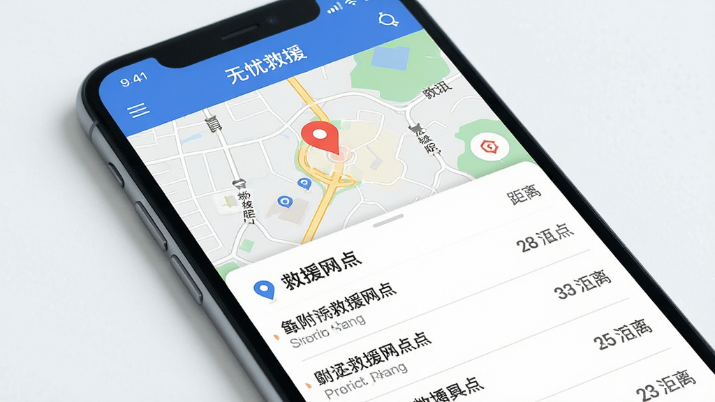 一张展示无忧救援附近资源检索功能的图片,画面主体为手机屏幕,屏幕内显示地图与列表结合的界面,地图上有定位标记点,下方列表展示附近救援网点名称与距离,布局为上下结构,风格为现代简约风,细节包括地图道路线条、标记图标、列表分隔线,画质清晰,干净,无多余元素