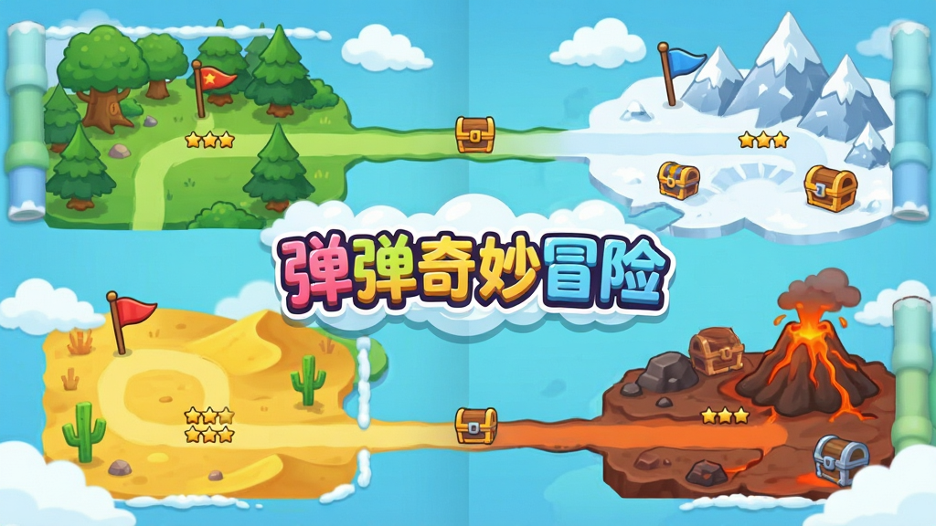 卡通游戏世界地图界面,画面中展开多个不同主题的章节区域,包括绿色森林、黄色沙漠、白色雪山和红色火山,每个区域上有小旗帜和关卡星级标记,画面中央是