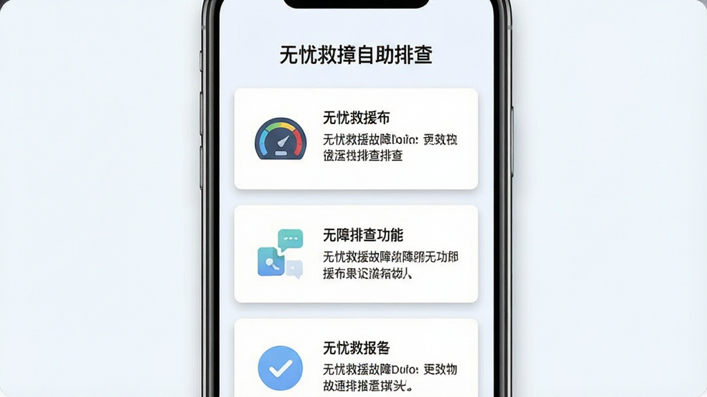 一张展示无忧救援故障自助排查功能的图片,画面主体为手机屏幕,屏幕内显示图文并茂的故障排查指南页面,包含仪表盘图标和文字说明,布局为卡片式列表,风格为清爽浅色风,细节包括图标示意、文字段落、卡片阴影,画质清晰,干净,无多余元素
