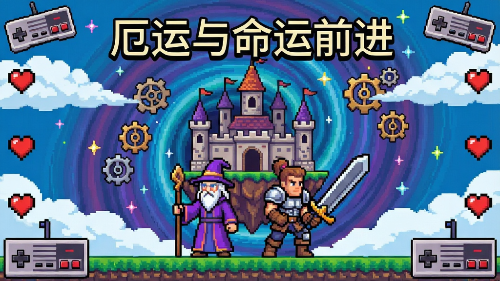 一个充满复古像素风格的游戏主界面全景图,画面中央是两位主角身穿紫色长袍的巫师和手持大剑的战士,他们站在一座漂浮的城堡前,背景是扭曲的时间漩涡和漂浮的齿轮,画面四周点缀着复古游戏手柄和像素爱心元素,标题文字