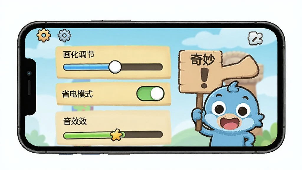 手机屏幕显示弹弹奇妙冒险的游戏设置界面,画面中有画质调节滑块、省电模式开关和音效选项,旁边有一只卡通角色举着提示牌,整体风格简洁卡通,布局为竖向手机界面,细节包含齿轮图标和进度条,画质清晰,无多余元素