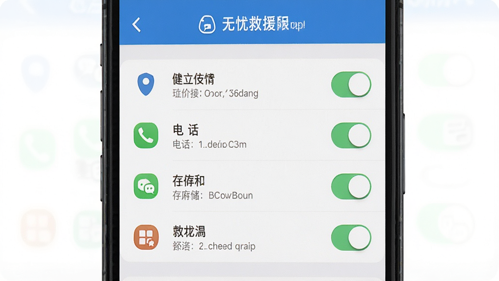 一张展示无忧救援安装权限设置界面的图片,画面主体为手机屏幕,屏幕内显示应用权限管理页面,包含定位、电话、存储等权限开关,布局为列表式,风格为系统原生风,细节包括权限图标、开关按钮、文字说明,画质清晰,干净,无多余元素