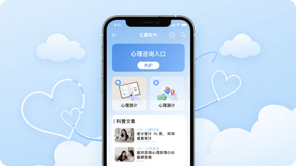 一心理软件主界面展示图,画面中央放置一部智能手机,手机屏幕显示一心理APP首页,包含心理咨询入口、心理测评卡片和科普文章列表,背景为柔和治愈的淡蓝色渐变,周围点缀抽象的云朵与心形线条,整体风格清新简约,排版居中对称,画质清晰干净无多余元素