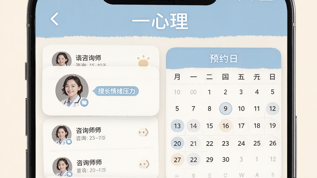 一心理心理咨询预约界面示意图,画面展示手机屏幕内咨询师列表与预约日历,一位咨询师的头像旁显示“擅长情绪压力”标签,布局采用卡片式排列,风格温暖专业,色调以浅蓝和米白为主,细节清晰,画质干净无杂乱元素,图片中文字“一心理”置于顶部