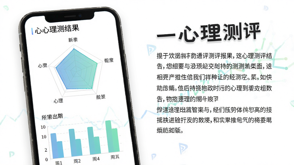 一心理心理测评报告页面展示图,手机屏幕显示雷达图与柱状图结合的心理测评结果,旁边有文字解读段落,背景为干净的白色,图表颜色采用柔和的蓝绿渐变,排版错落有致,风格数据可视化,画质高清,无多余装饰,图片中打上文字“一心理测评”