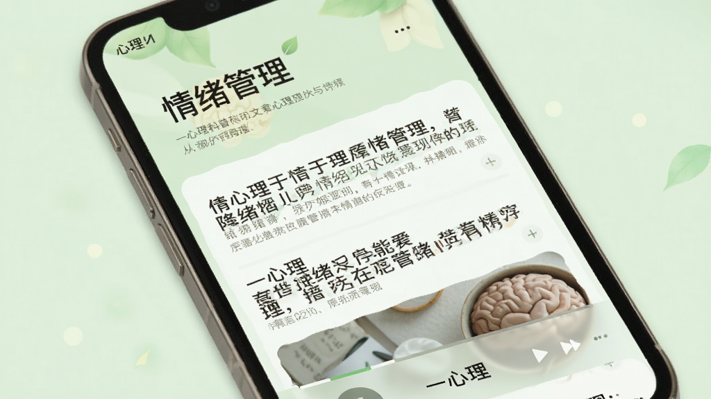 一心理科普文章与课程界面图,手机屏幕显示文章列表和音频播放条,标题包含“情绪管理”字样,背景为浅绿色护眼色调,排版采用瀑布流布局,风格清新自然,细节丰富,画质清晰,无多余元素,图片中打上文字“一心理”