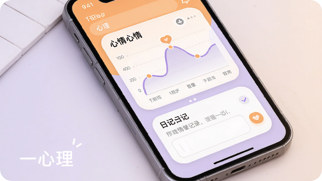 一心理情绪记录功能展示图,手机屏幕显示心情曲线图和日记输入框,界面采用圆角卡片设计,色调以暖橙色和淡紫色为主,排版简洁,风格温馨治愈,画质干净无多余元素,图片中打上文字“一心理”