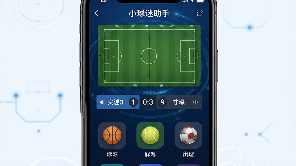 手机屏幕中央显示“小球迷助手”软件界面,上方是足球场俯视图与实时比分条,下方排列篮球、网球等赛事图标,背景为深蓝色科技感渐变,画面干净整洁,风格现代简约,细节清晰,4K画质,无多余元素
